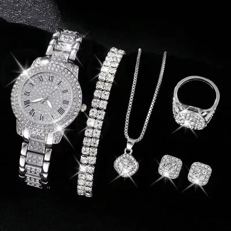 Full Diamond Roman Literal Steel Strip Watch with Starry Charm Business Quartz Watch Set