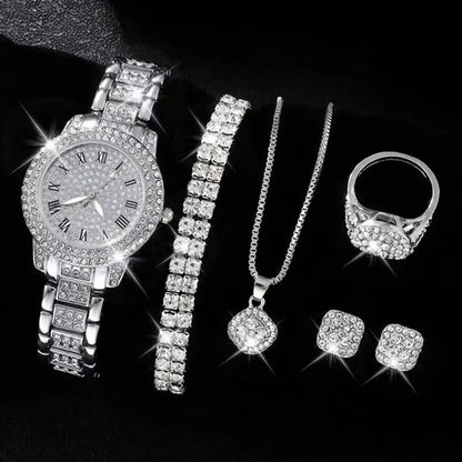 Full Diamond Roman Literal Steel Strip Watch with Starry Charm Business Quartz Watch Set