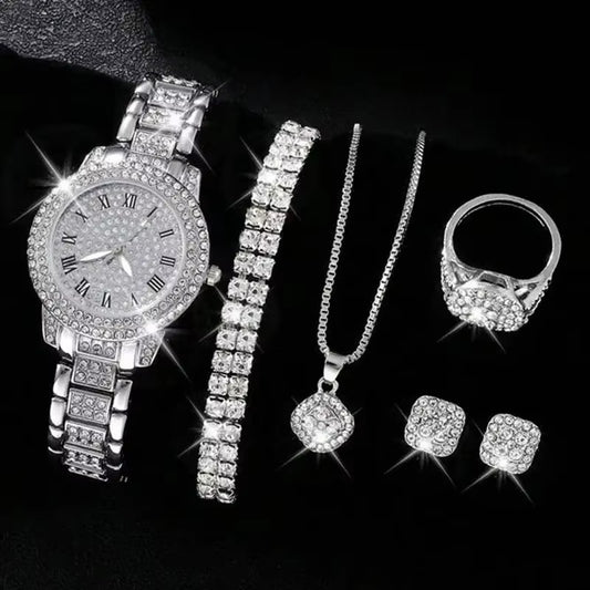 Full Diamond Roman Literal Steel Strip Watch with Starry Charm Business Quartz Watch Set