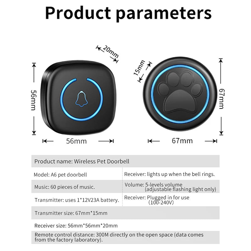 Pet Touch Ringer Button Bell 300M/984Ft Range 60 Songs High Volume Doorbell for Cat & Dog Training Door Bell Smart Home US EU