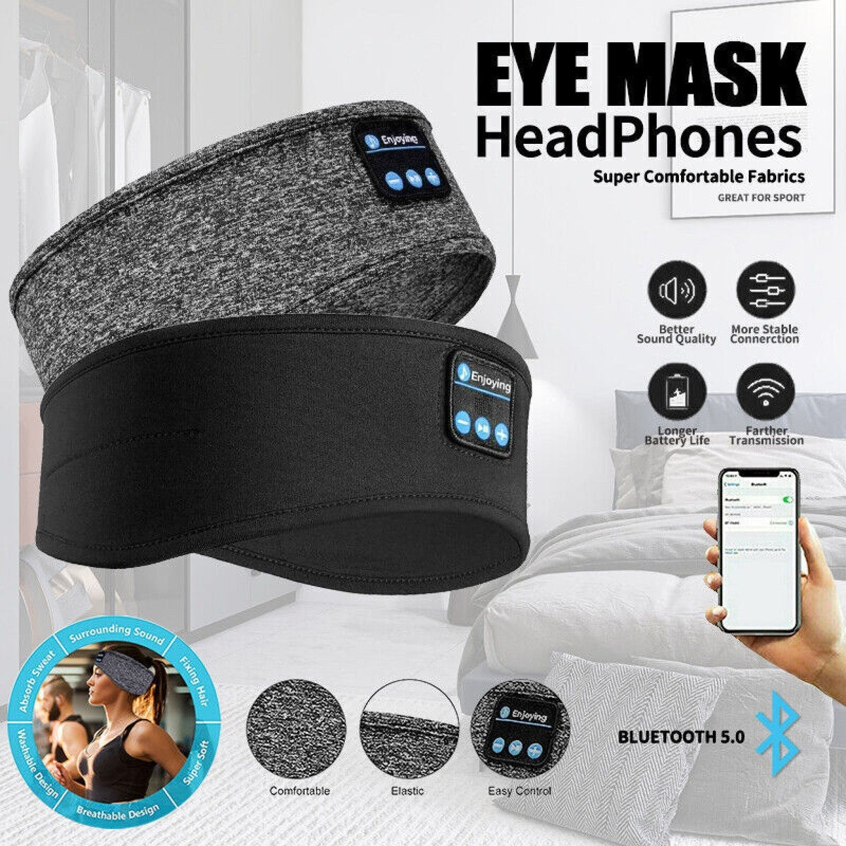 Wireless Bluetooth Headband with Built-in Earphones – Sports, Sleep & Music Eye Mask