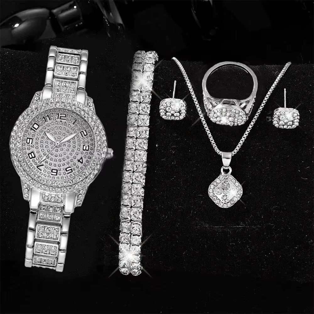 Full Diamond Roman Literal Steel Strip Watch with Starry Charm Business Quartz Watch Set