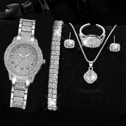 Full Diamond Roman Literal Steel Strip Watch with Starry Charm Business Quartz Watch Set